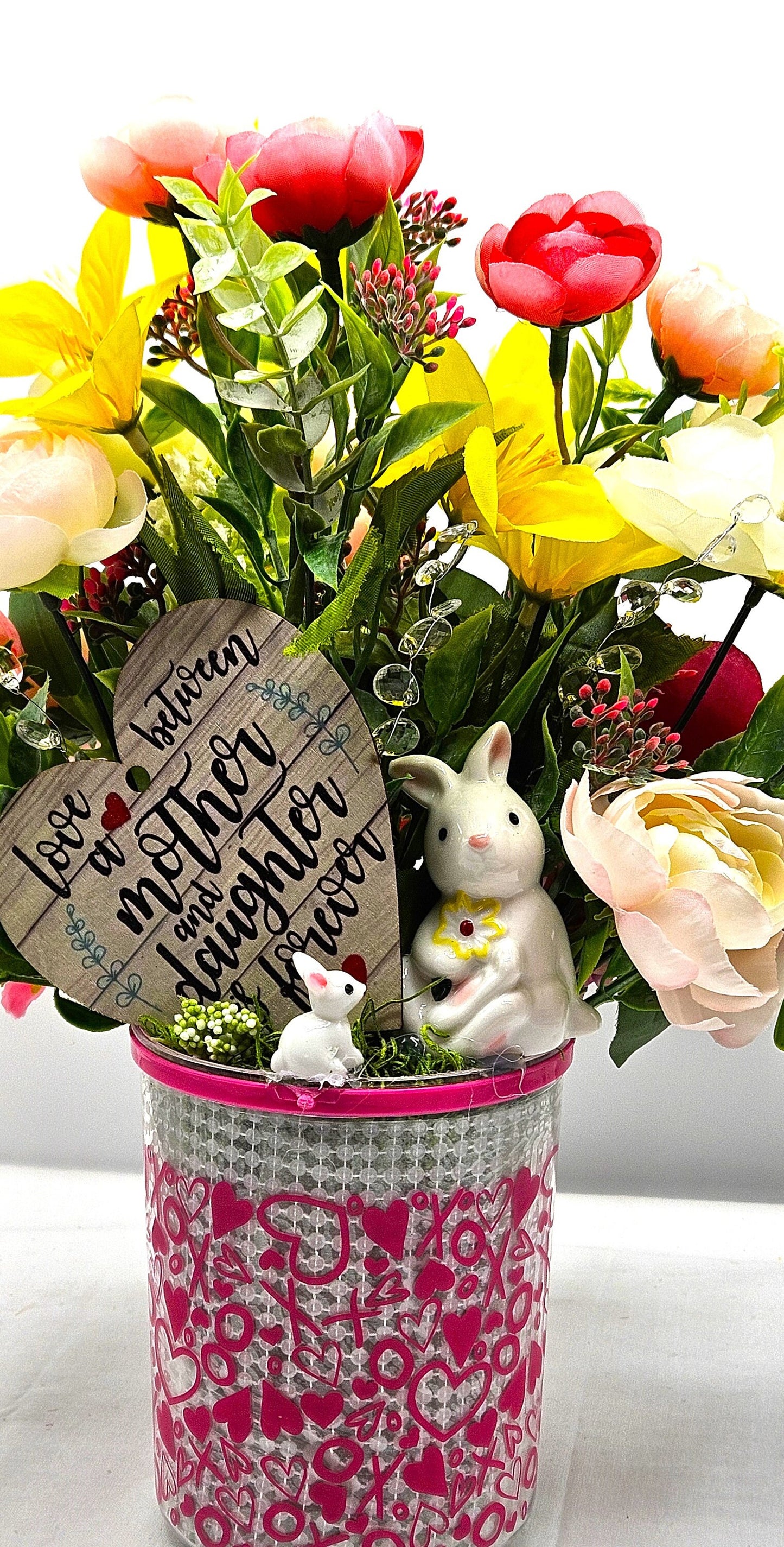 Momma & Baby Rabbits Floral Centerpiece, Heart-Deco Pot with Pink/Yellow Blossoms - Mother's Day Gift, Birthday for Her Gift