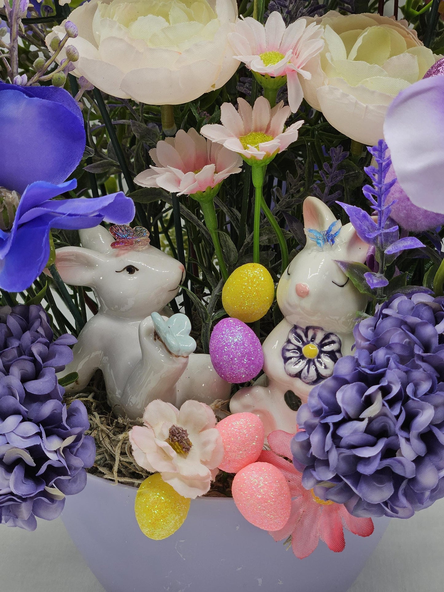 Easter/Spring Flower Arrangement/Purples/Lilac Flowers/Greenery/Cute Bunny Couple/Glittery Eggs/Happy Easter Sign/Easter Accens/Lilac Dish