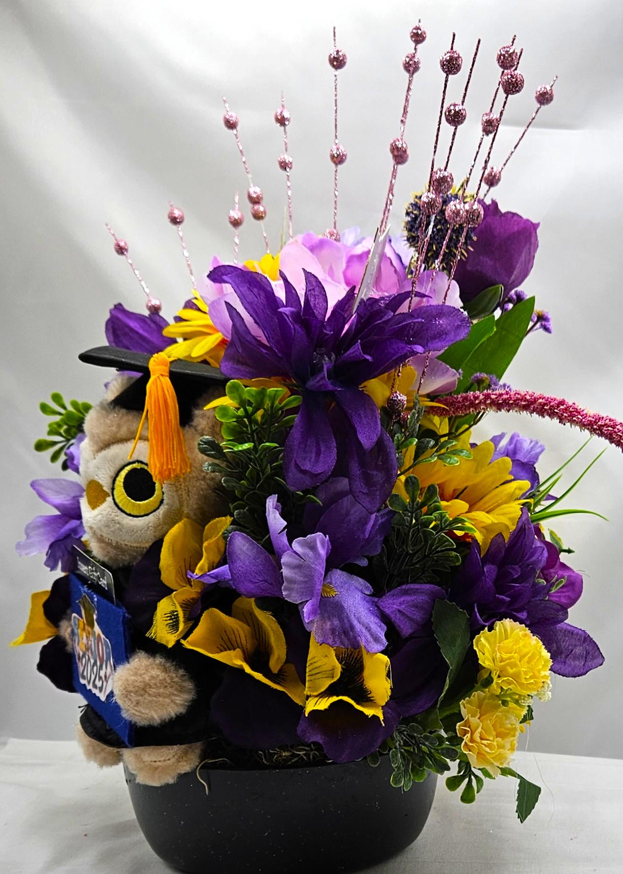 Unique Graduation Owl Centerpiece with Purple/Yellow Flowers in Black Bowl - Includes Gift Card Holder, Ideal Grad Gift & Celebration Decor