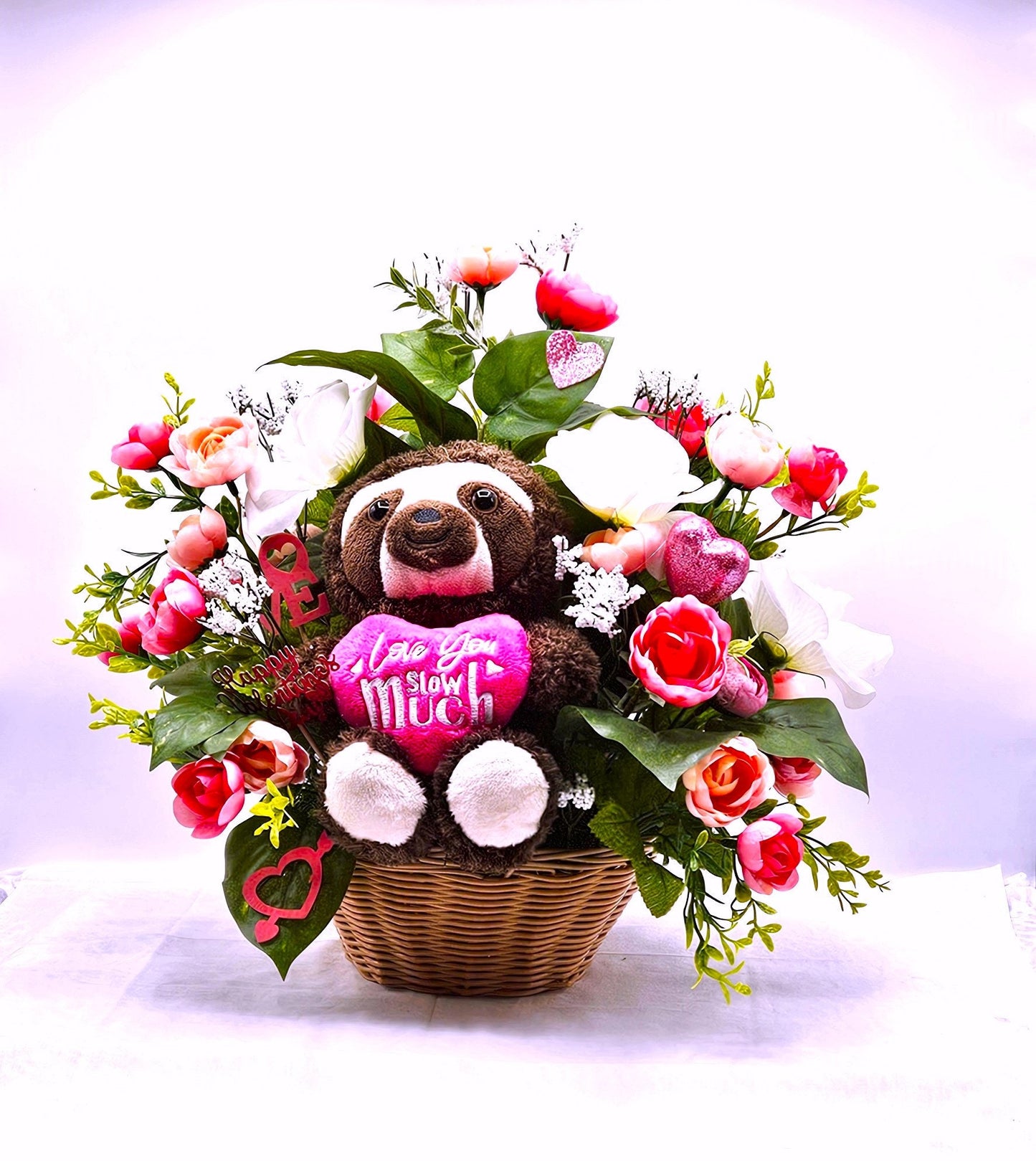 I Love You Slow Much" Sloth Themed Floral Decor, Cute Pink & White Arrangement with Hearts, Perfect Love Gift
