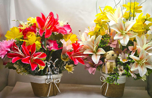 Lilies and Bunnies in a Wicker-Type Basket, 2 Options, Square or Round, Sophisticated Rabbits or Cute Rattan Bunny, Yellow w/Hot Pink/Mauve