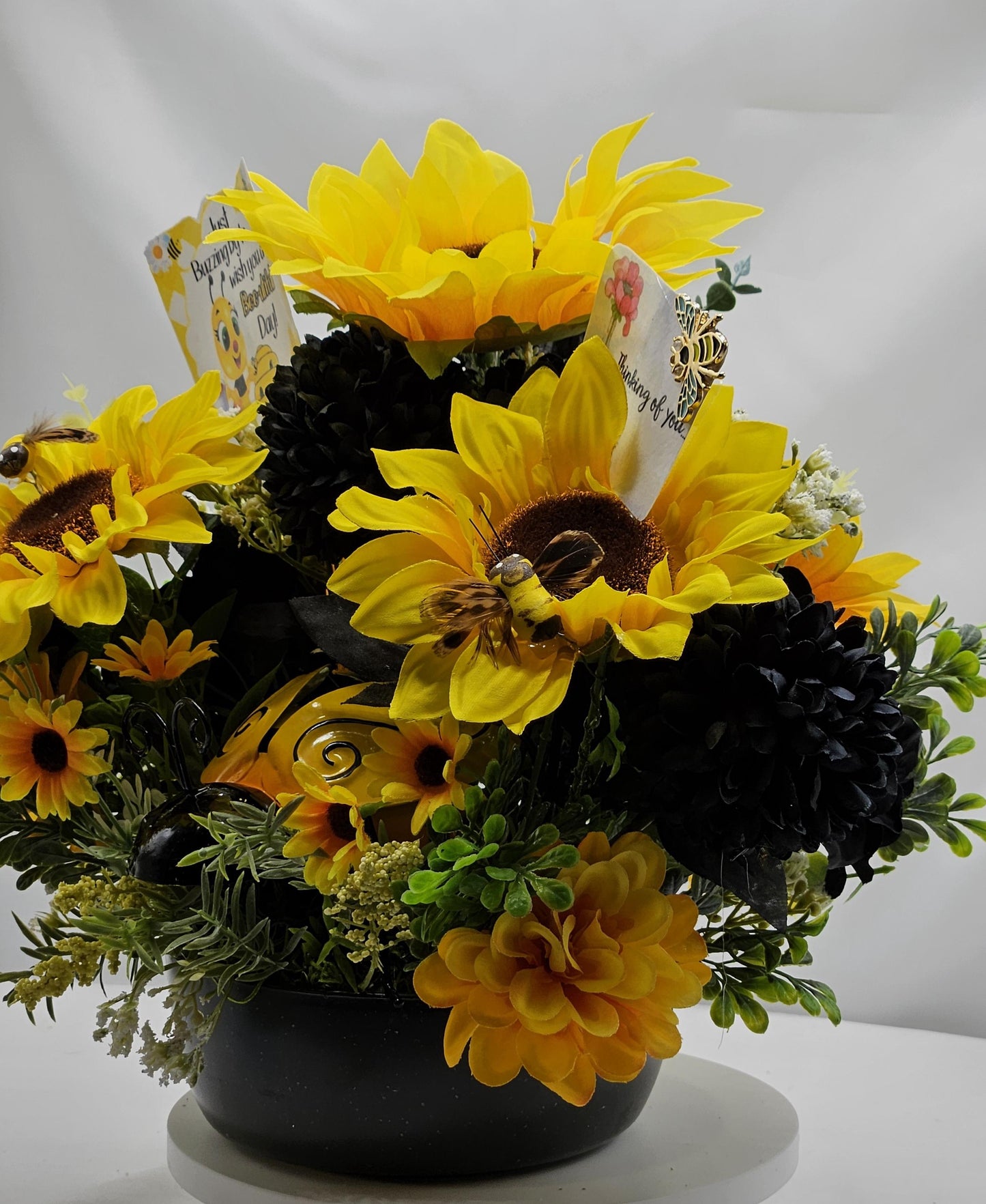 Thinking of You, Buzzing By Bee Lovers Floral Arrangement, Large Bee w/Bee accents, Yellow Sunflowers/Black Carnations Set in Black Bowl