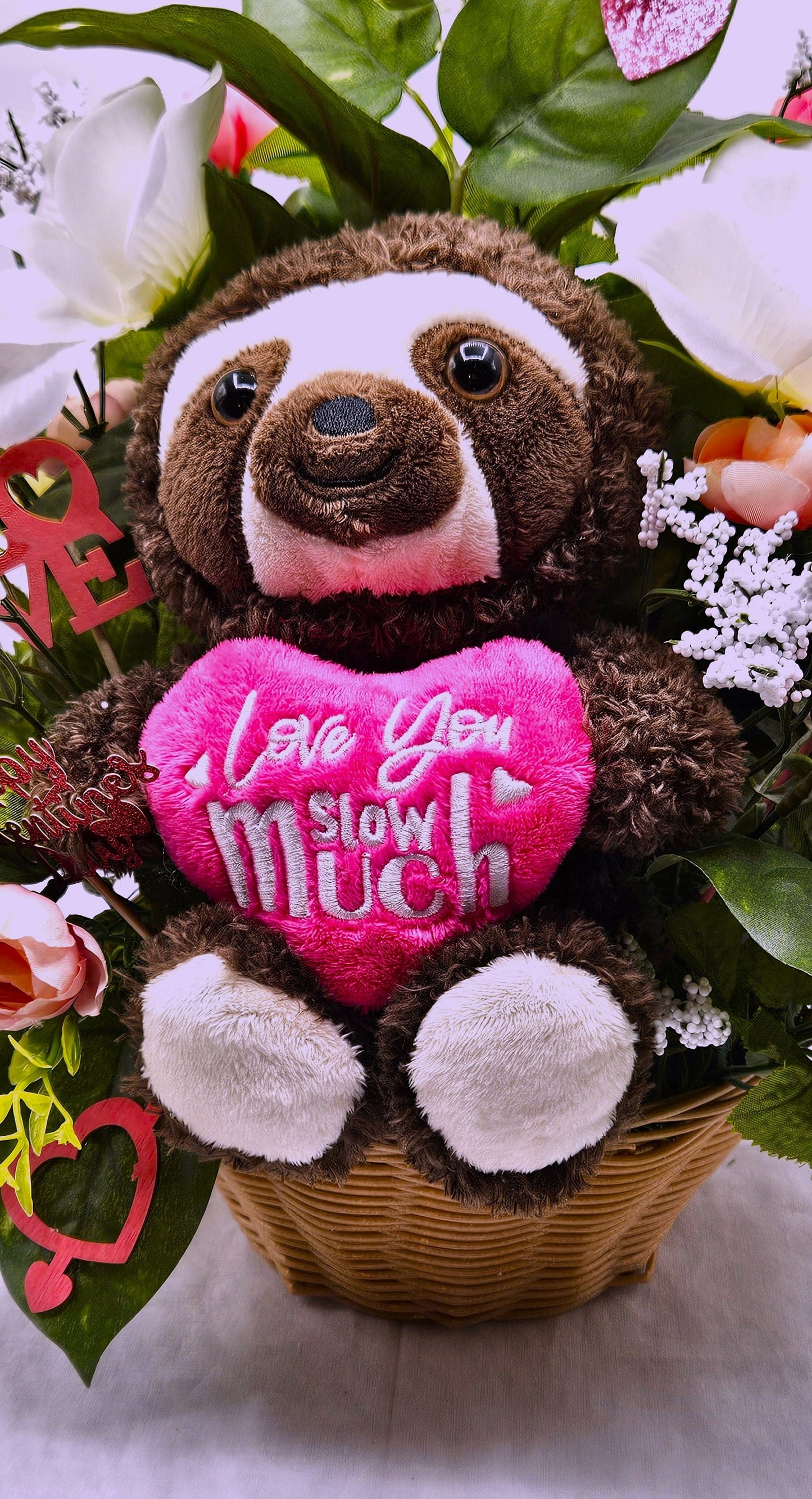 I Love You Slow Much" Sloth Themed Floral Decor, Cute Pink & White Arrangement with Hearts, Perfect Love Gift