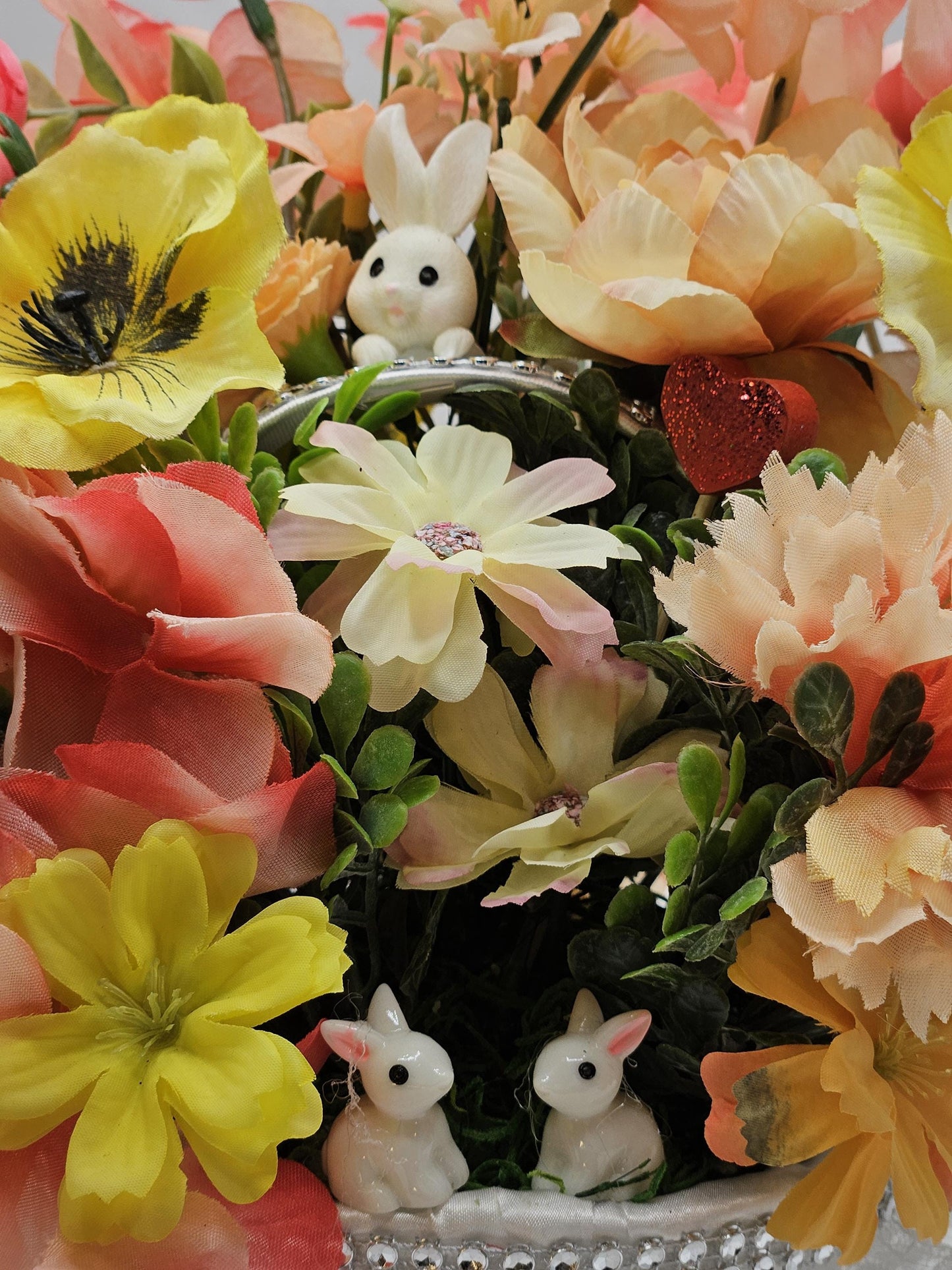 Silk Flowers/Small Satin/Lace Baskets/2 Options/Bunnies w/Peach/Yellow or Peach/Blue Pansies/Roses/Other Flowers/Greenery.Crystals/Pearls/