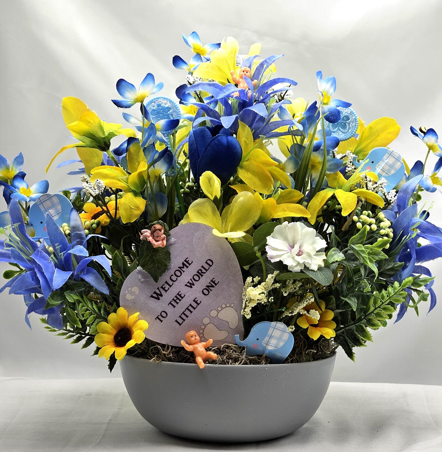 Welcome Baby Flower Arrangement, Boy or Girl Option, Baby Shower Gift/Welcome to the World, Little One, Blue/Yellow or Pink/Yellow