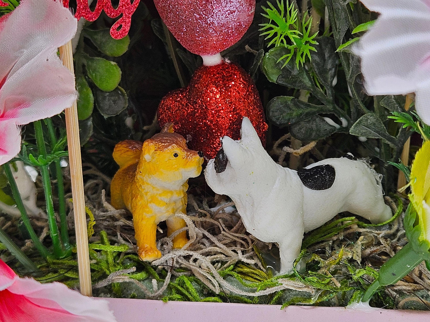 Paw-Fect Togethe Romantic Floral Gift in Decorated Box, Puppy Figures/Hearts/Pink/Green Flowers/White Glitter Accents/Love Gift