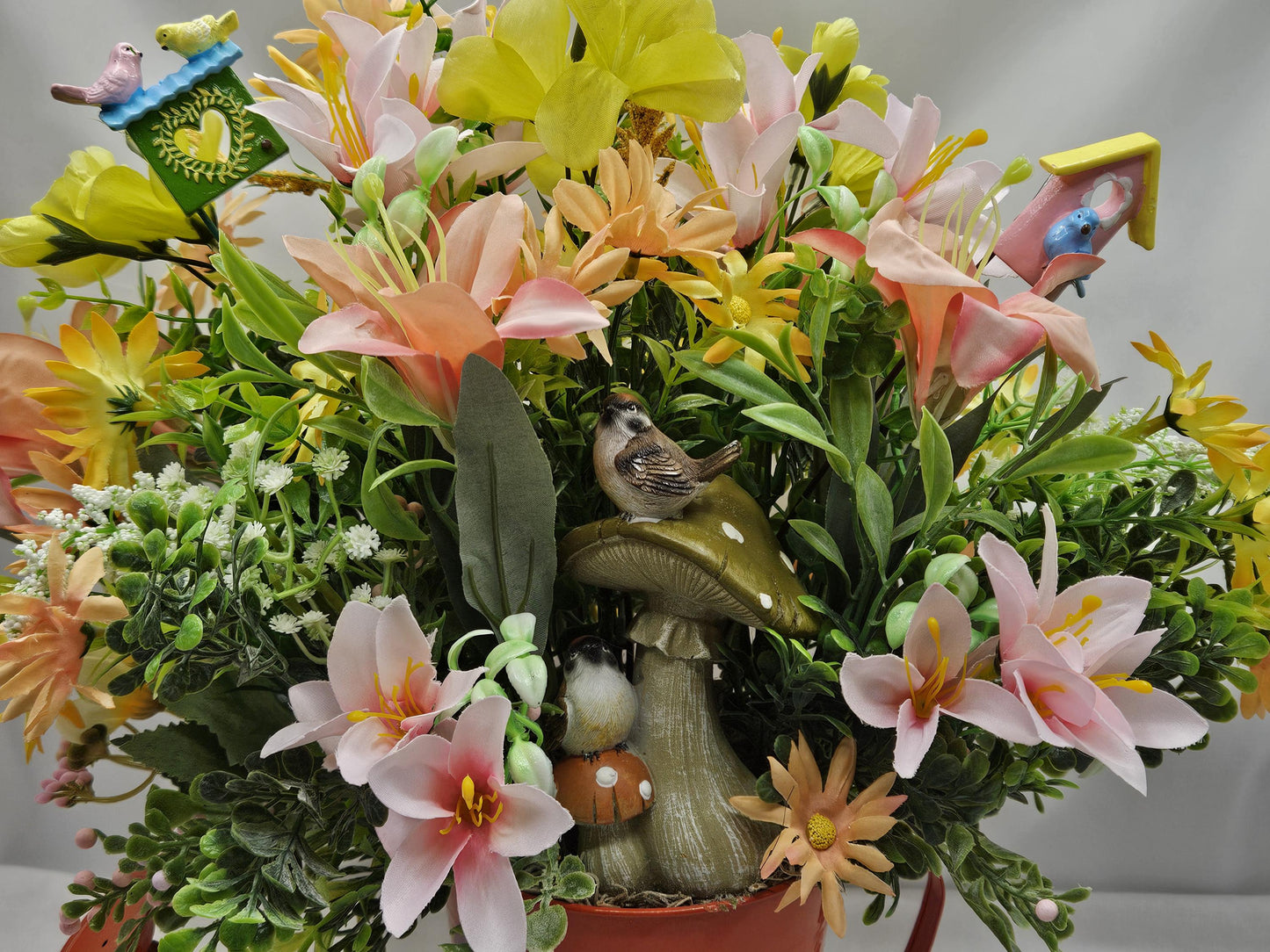 For the bird lover, Spring/Summer Floral Arrangement Set in Orange Watering Can w/Birds Atop Mushrooms/Other Bird Accents/Colorful Flowers