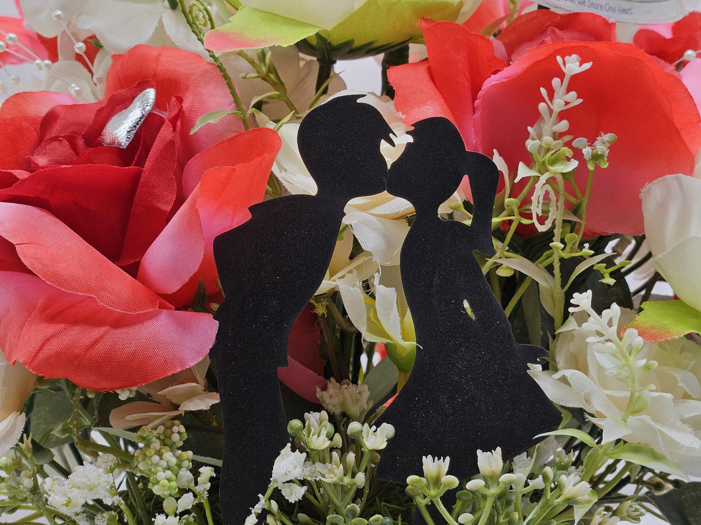 Happy Anniversary Flower Arrangement Features Shadow Kissing Couple, Sentimental Sign, Together We Share One Heart, Shiny Hearts/Pearl Trim