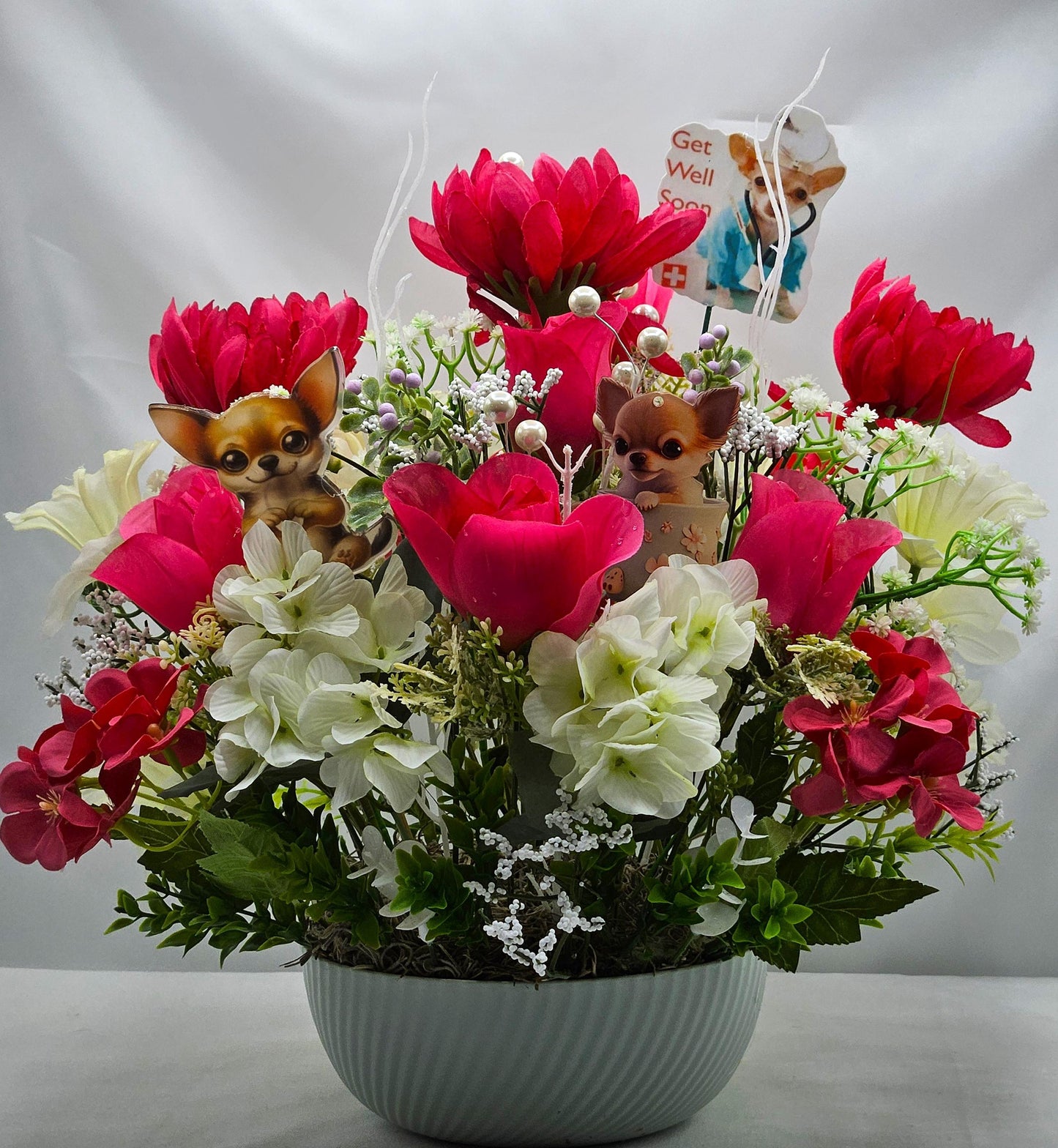 Get Well/Feel Better Floral Arrangeements Featuring Cheerful Chihuahua Pups Amidst a Red/White Flower Garden/Baby's Breath/Glitter Accents
