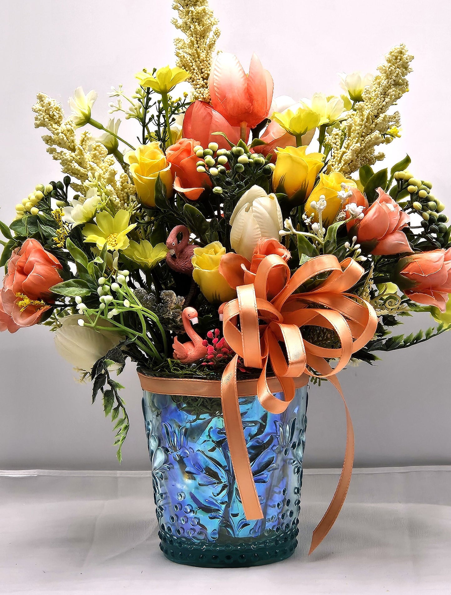 Flamingos Set in Blue Ribbon Deco Glass with Peach/Yellow/cream Colored Flowers/ Peach Bow, Flamingo Lover Gift, Gift for Her, Animal Lover