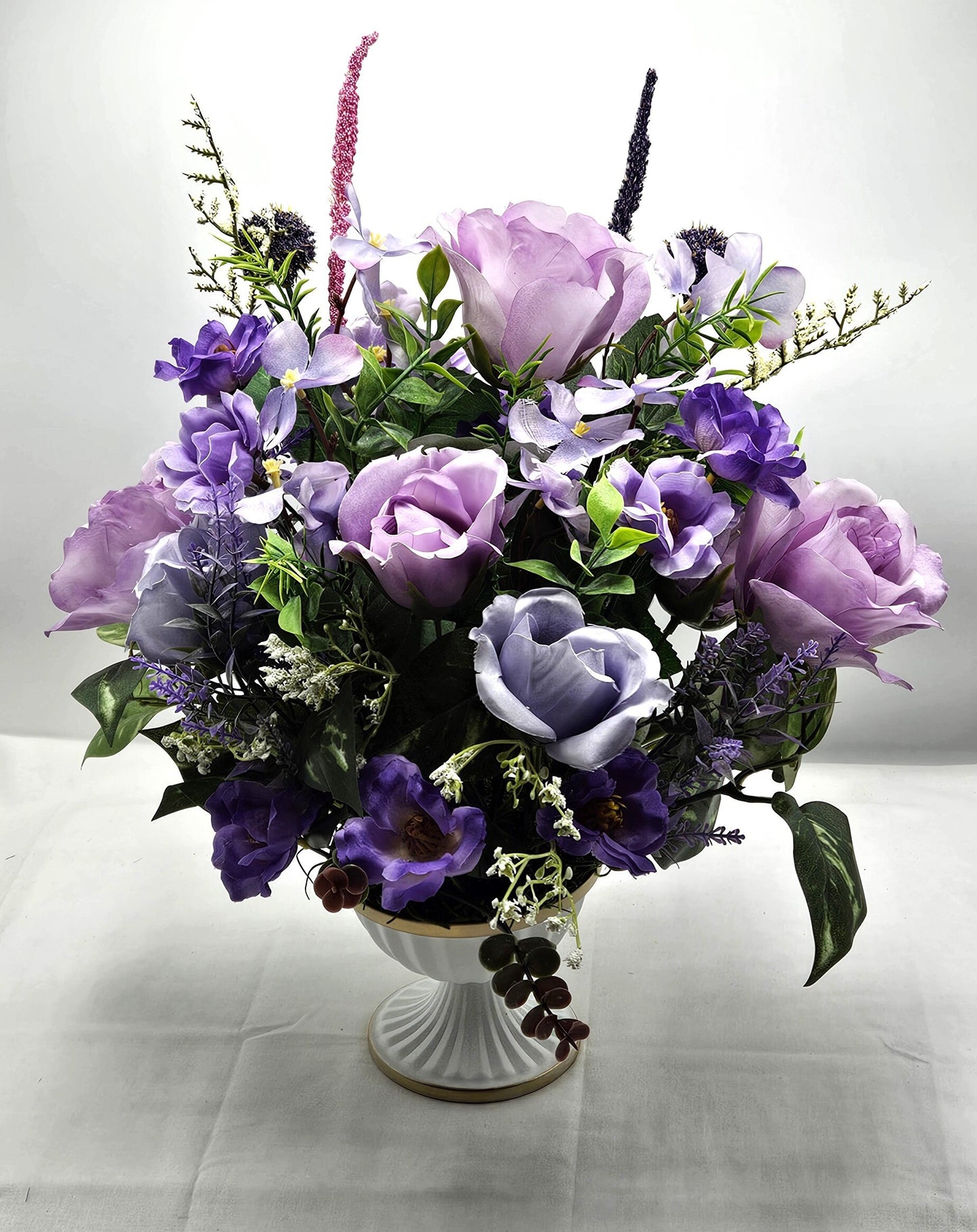 Lilac Rose and Baby's Breath Centerpiece in Footed Dish - Sophisticated Table Accent, Great for Mother's Day or Hostess Gift