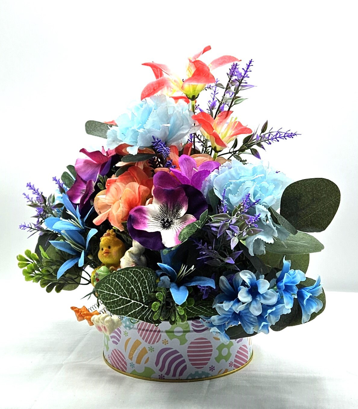 Egg Decorated Tin of Spring Pastel Flowers with Easter Chick and Bunny - Easter Table Centerpiece or Gift