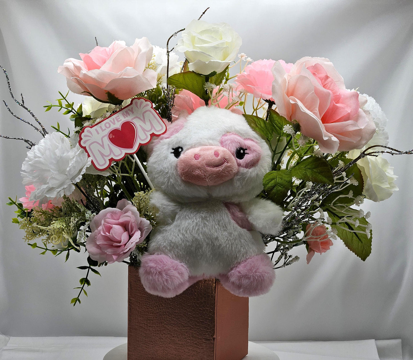 Gift Box of Flowers, Cute Pink/White Cow w/sign I Love My Mom Sign Amidst Elegant Carnations/Roses in Box, Great Gift Idea for any Occasion
