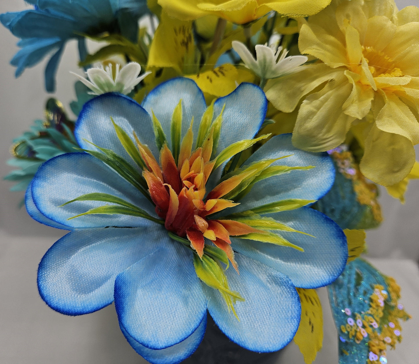 Butterfly Flower Arrangement, Sparkling Butterflies and Florals in Decorated Butterfly Pot, Yellow/Teal Blue Flowers & Butterfly Accents