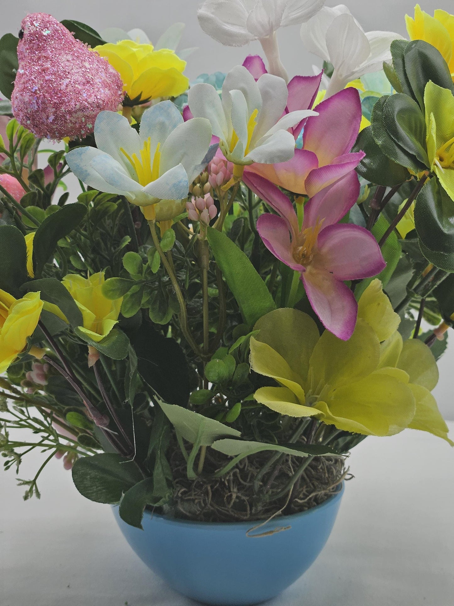 Easter Floral Set in Blue Easter Egg Shaped Dish, Geat for Gifting or Decor, Lilac/Blue/White Flowers/Greens, Glitter Chicks/Easter Accents