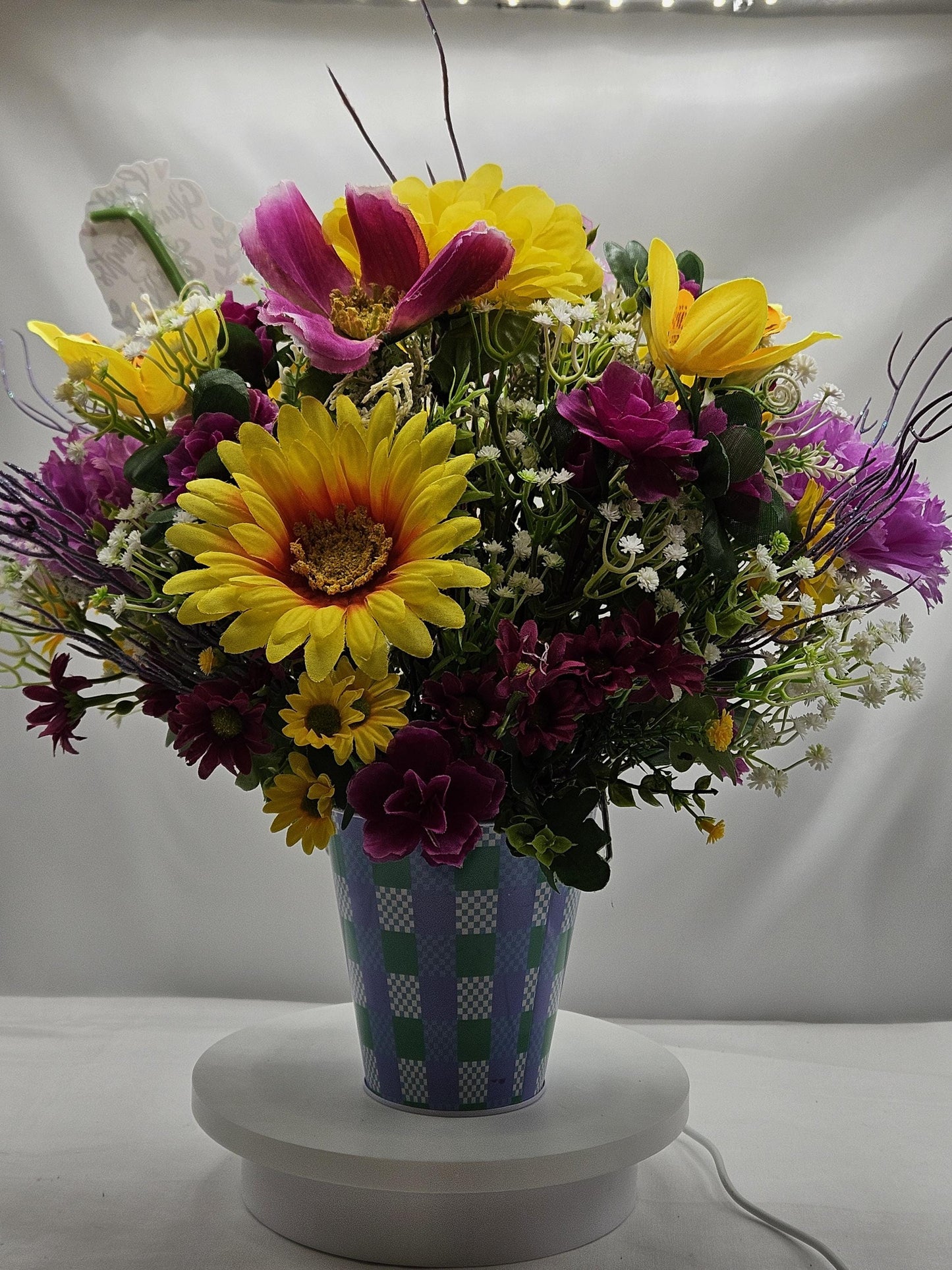 For The Special Grandma and Grandpa/Floral Design in Simple Blue Pail/Grandparents Figures at the Front of Colorful Yellow/Pink Flowers Plus