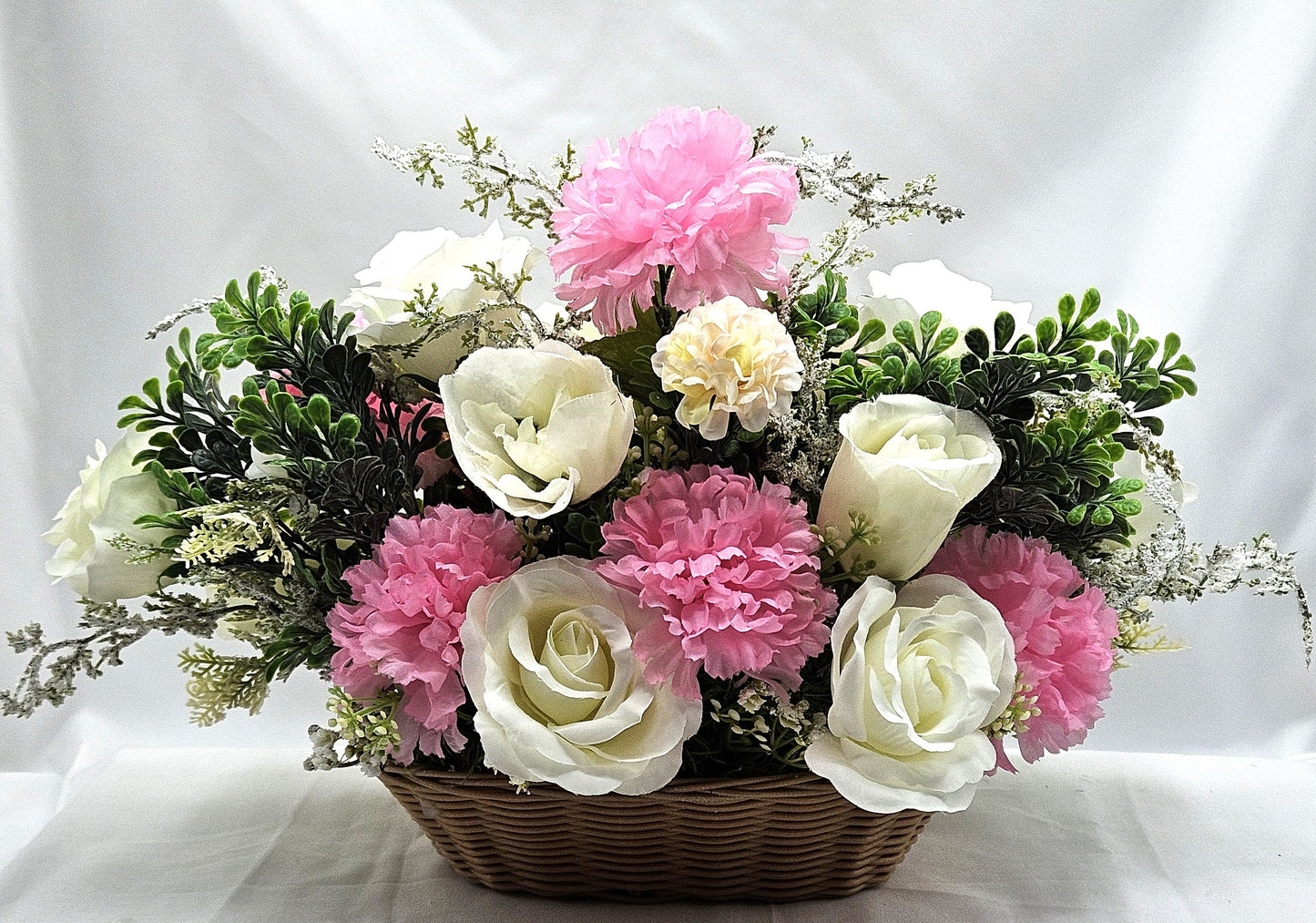 Crystal-Like Horse and Buggy, Princess Carriage, Floral White Roses, Pink Carnations, Sparkle Accents, Bridal Decor