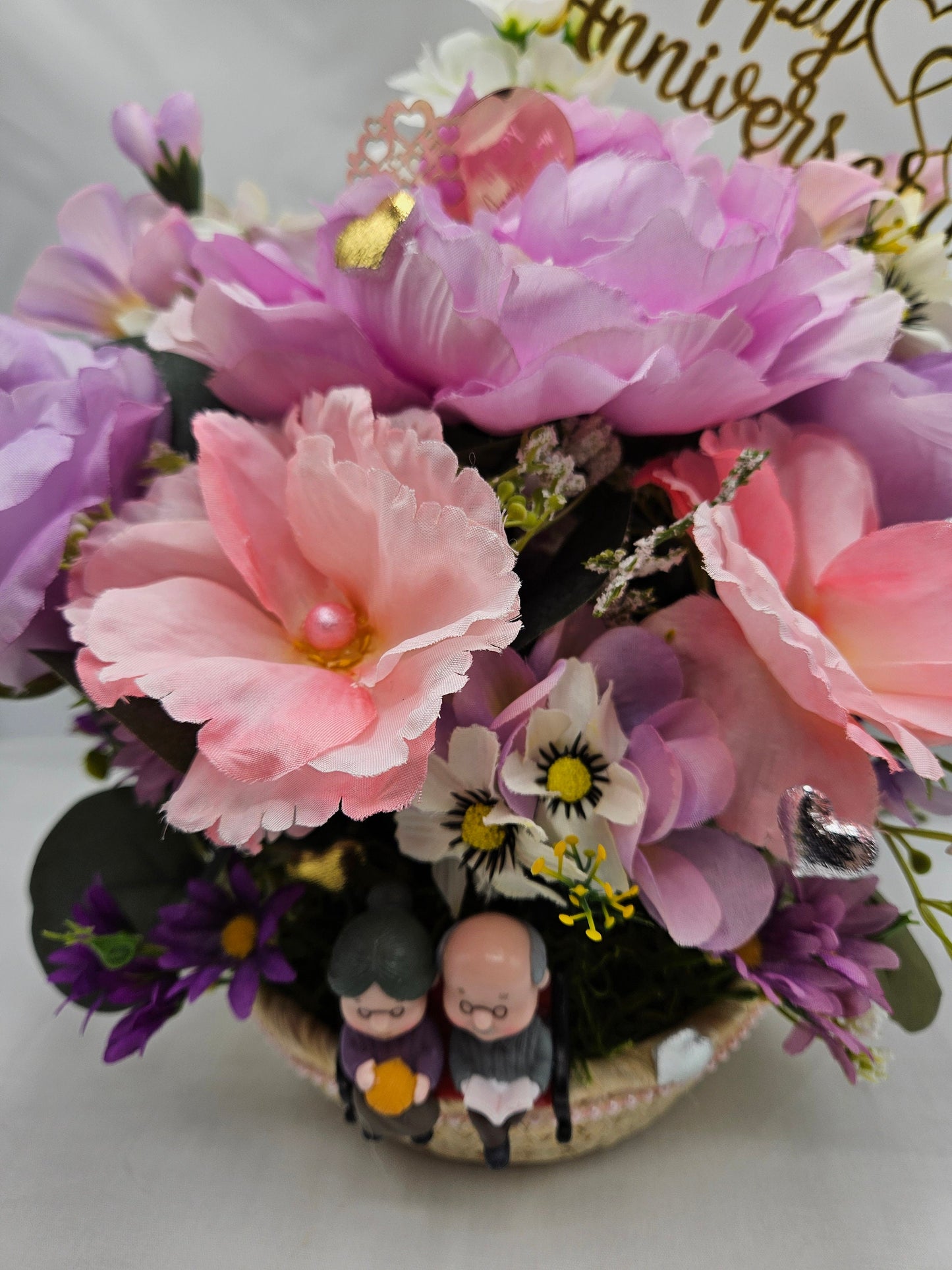 Grandparents, Parents  Happy Anniversary Flower Arrangement in woven basket, Grandma/Grandpa in Love, Roses/Romantic Accents/Lilac/Pink