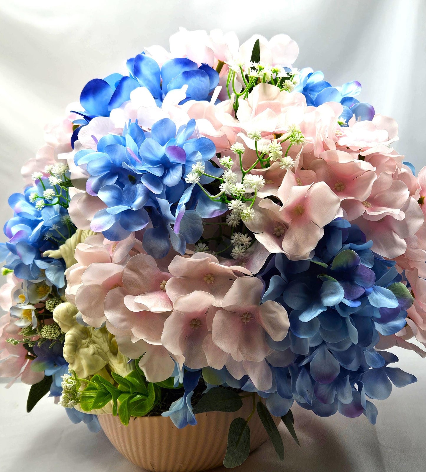Floral Centerpiece/Guardian Angel With Little Children Amidst A Garden Of Pink And Blue Hydrangea Flowers/Greens/Baby's Breath/Lovely