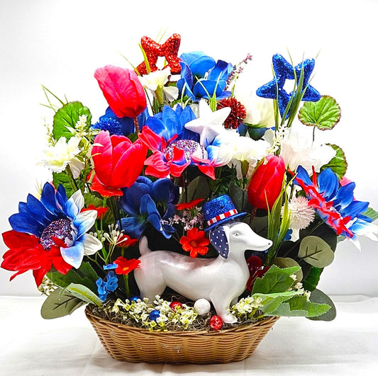 Red White Blue Weiner Dog Flower Arrangement, Patriotic Dachshund Decor, American Hat, God Bless America Gift