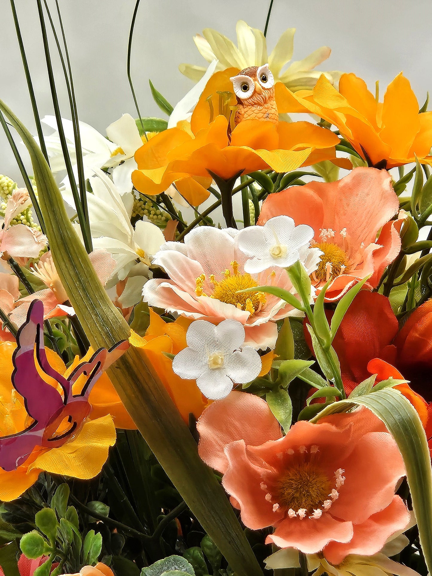 Flower Arrangement featuring a Crystal-Like Lighthouse, Yellow/Peach Wildflowers, Owl/Bird Accents/ Great Tropical Gift or Home Decor