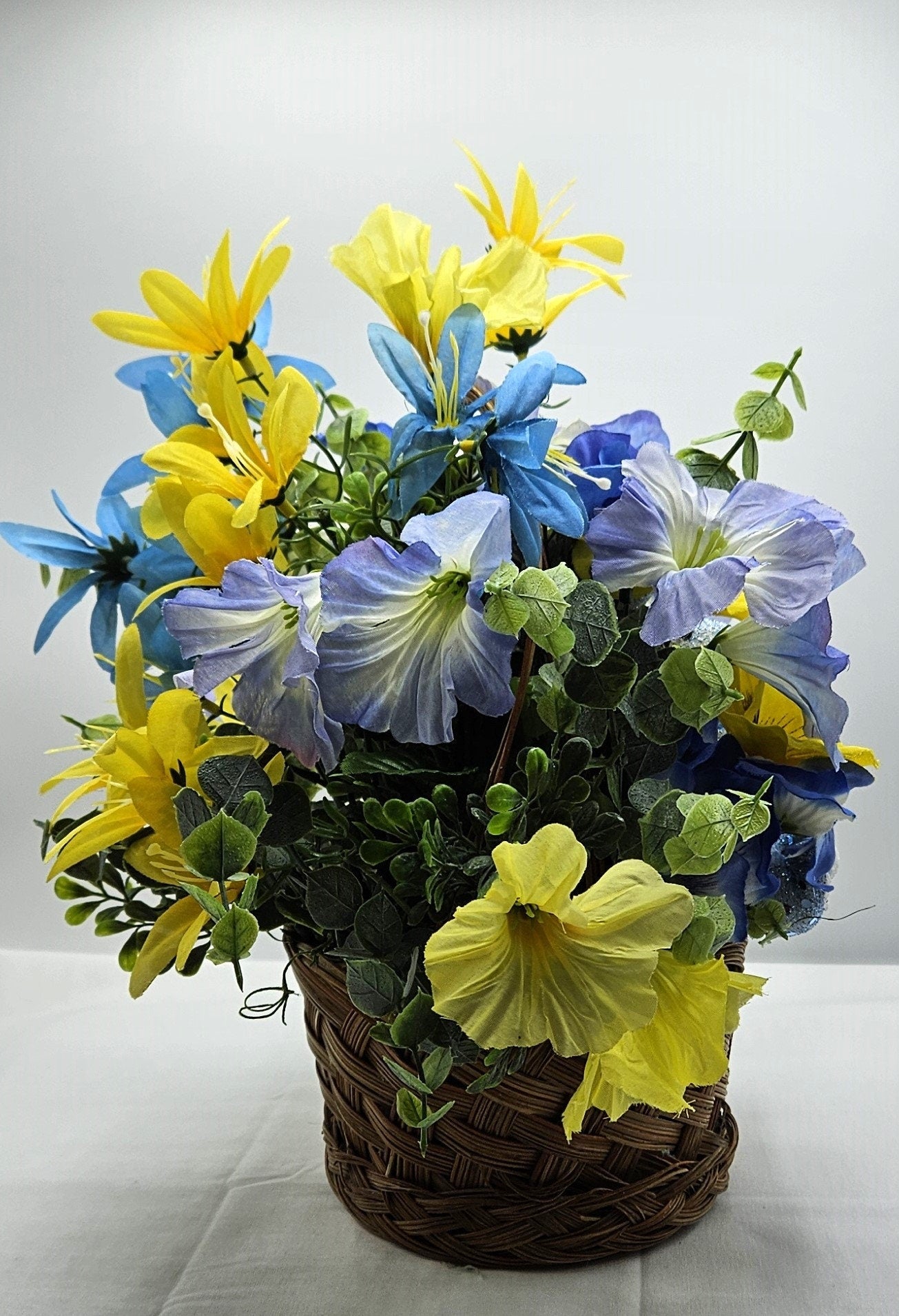 Blue Rabbit In Blue Handmade Spring Flowers Arrangement, Summer Flower Decor, Natural Wicker Basket, Glittery Flowers, Yellow Lilies decor