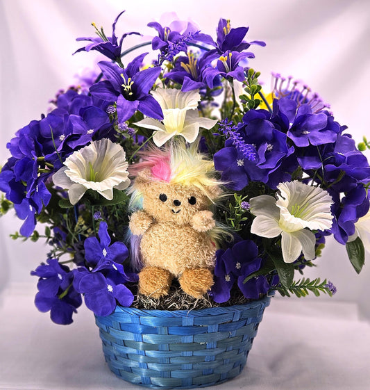 Purple Floral Centerpiece w/cute Stuffed Animal in Front of Lovely purple and white flowers, Great for Housewarming/Birthday/Thinking of You