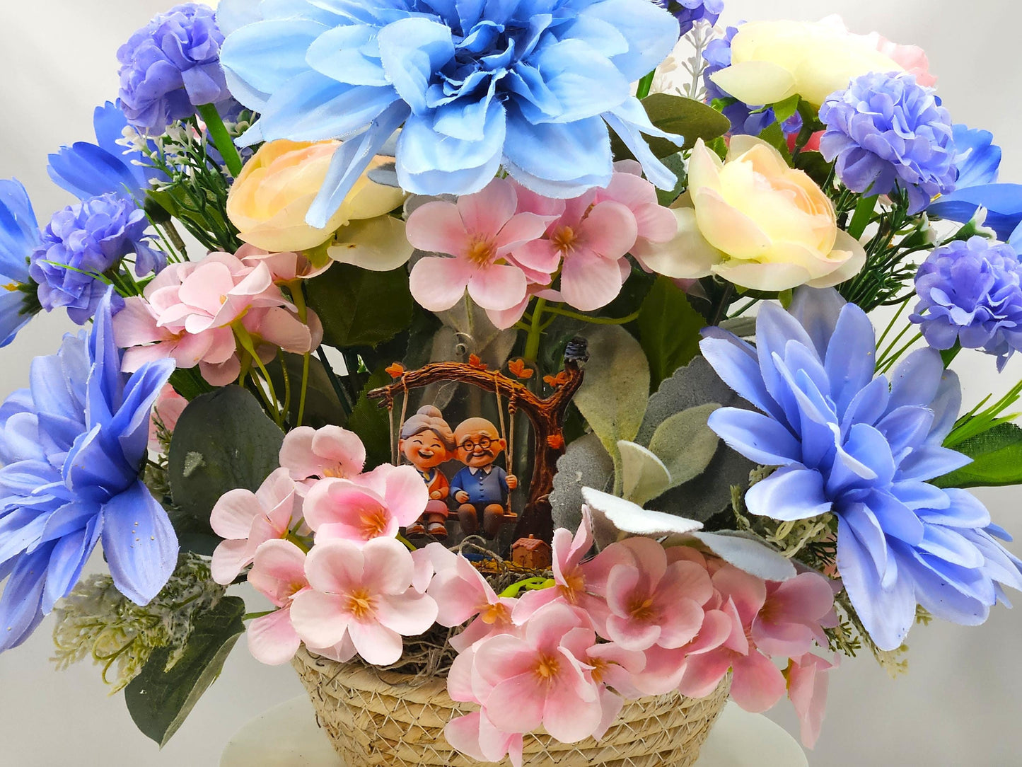 Romantic Flower Arrangement for Grandparents, Natural Woven Basket, Grandma and Grandpa on Swing, Pink Blue Florals
