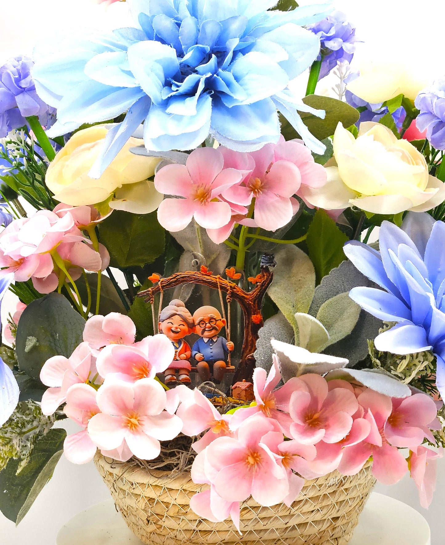 Romantic Flower Arrangement for Grandparents, Natural Woven Basket, Grandma and Grandpa on Swing, Pink Blue Florals