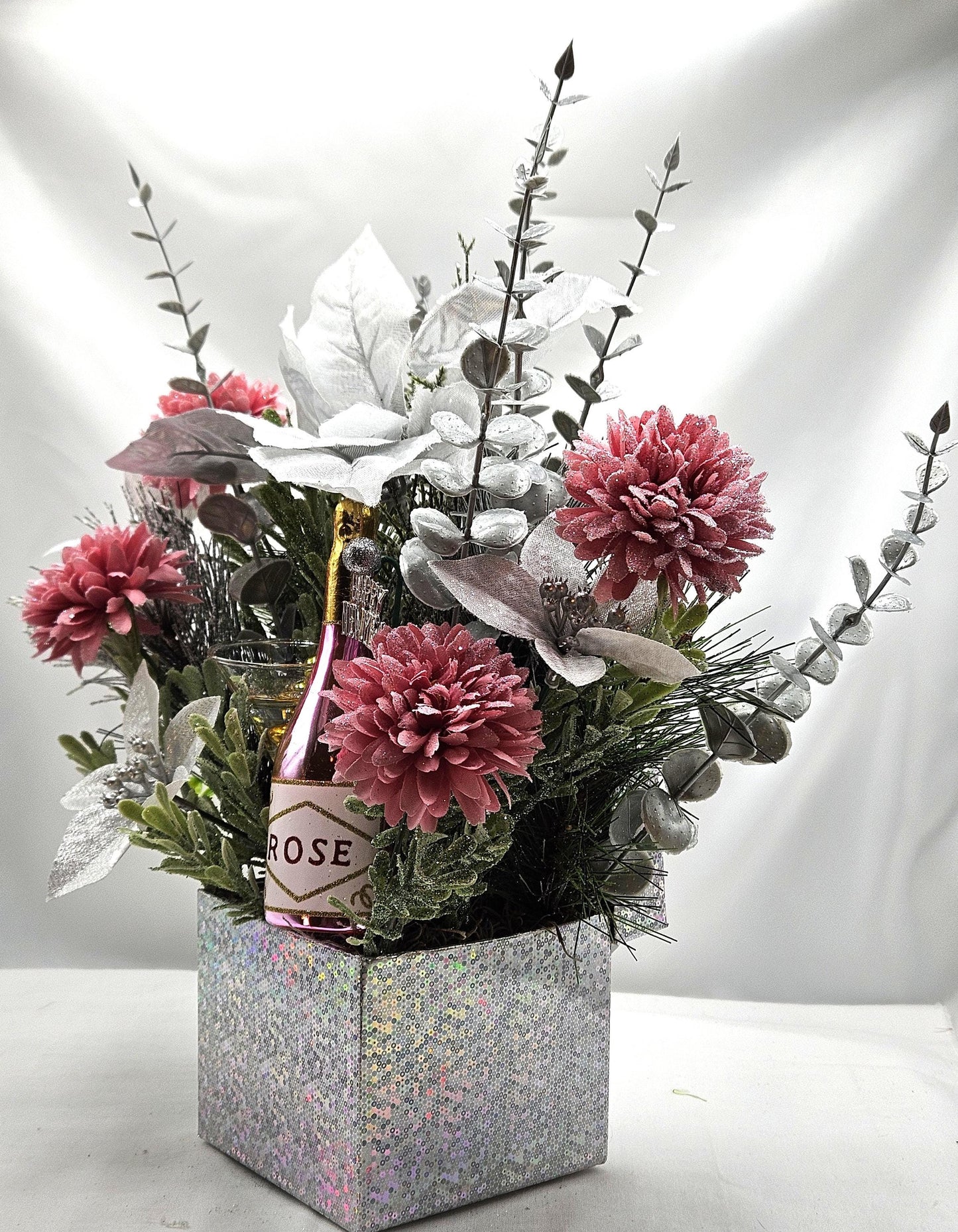 Congratulatory Arrangement in Bright Silver, New Year Champagne Toast/sparkly Silver Flowers/Accents in Silver Box/Cheers in 2025