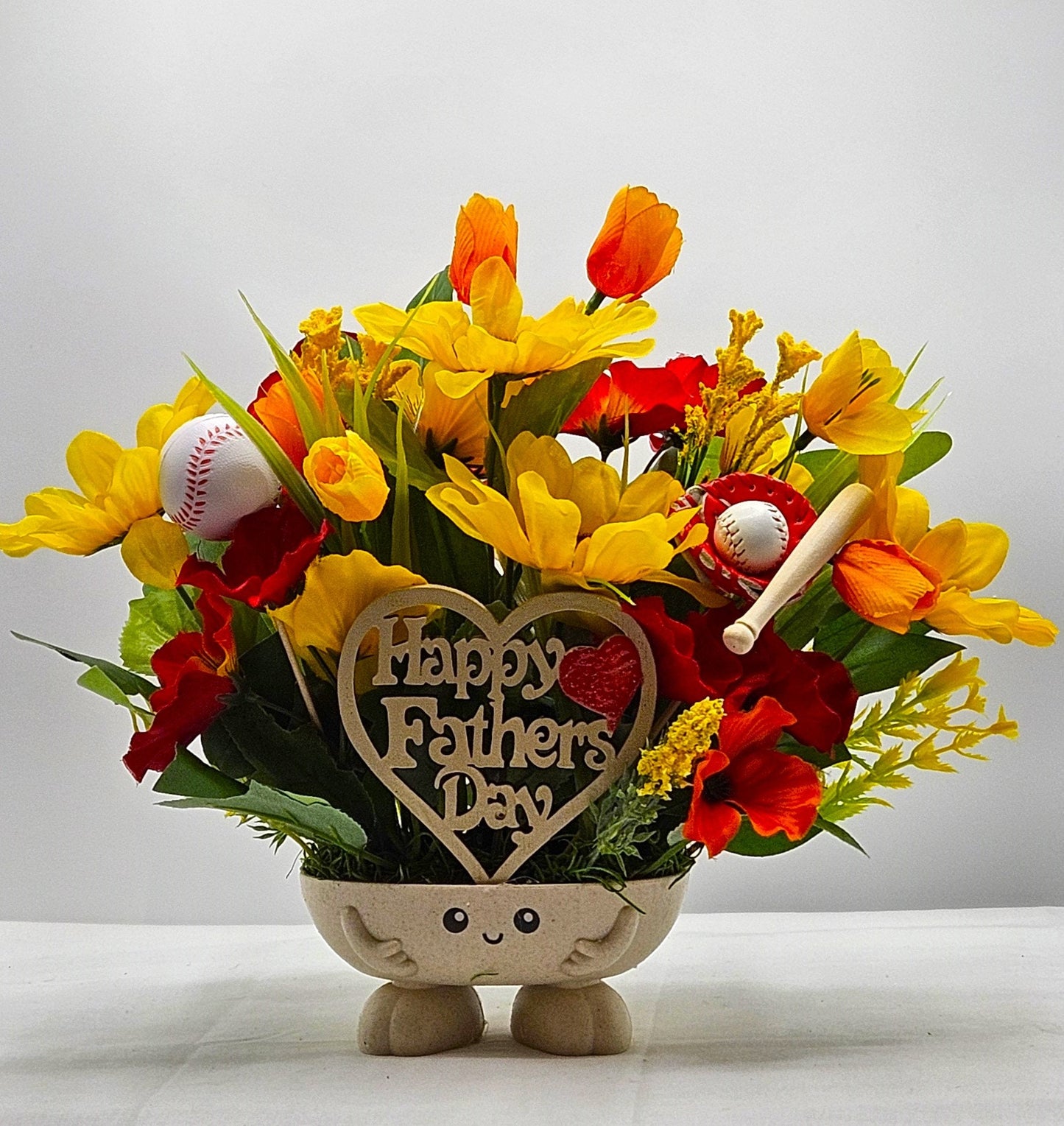 Happy Father's Day Floral Display - Baseball Dad Theme with Rustic Wooden Sign - Unforgettable Dad Gift"