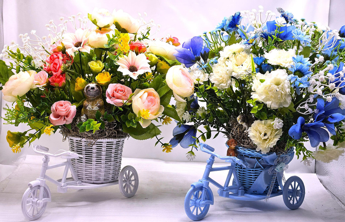 Bike Basket w/Flowers, Centerpiece/Gift/2 Choices/Cheerful Sloth/Cute Puppies/Blue/w White or White w/Pink/Yellow/White/Vibrant Florals