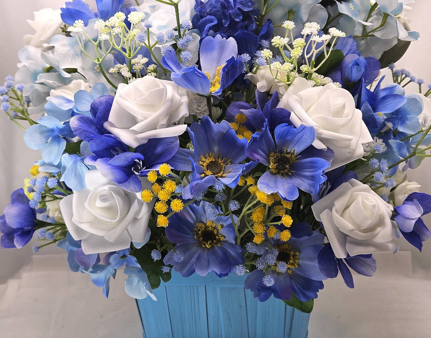 Graduation Floral Centerpiece/Blue Wood Basket/Blue/White/Yellow Flowers/Graduation Hat/Congratulations Messages/Roses/Dahlias/Pansies Plus