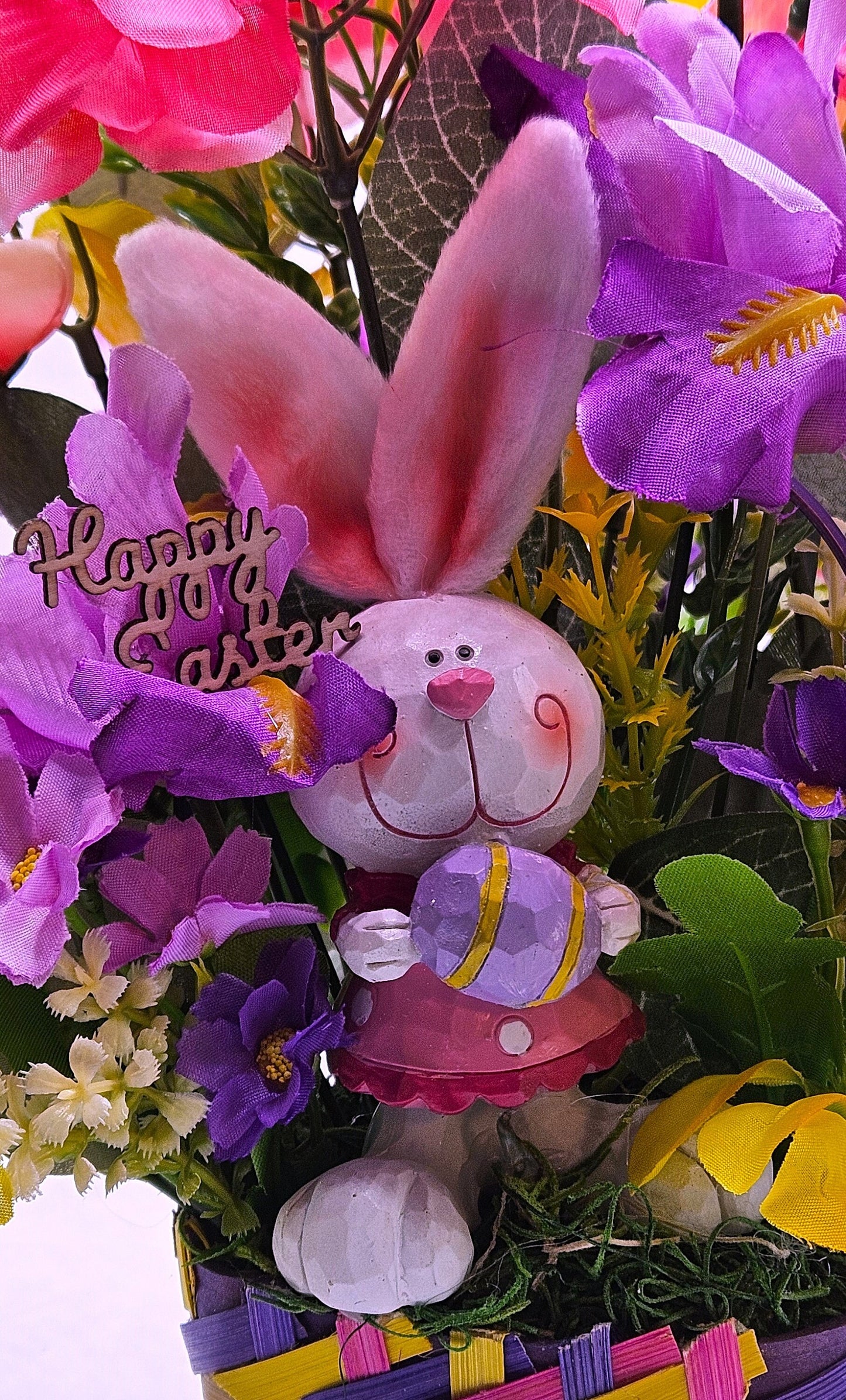 Cheerful Easter Bunnies with Spring Blooms in Easter Basket - 3 Options