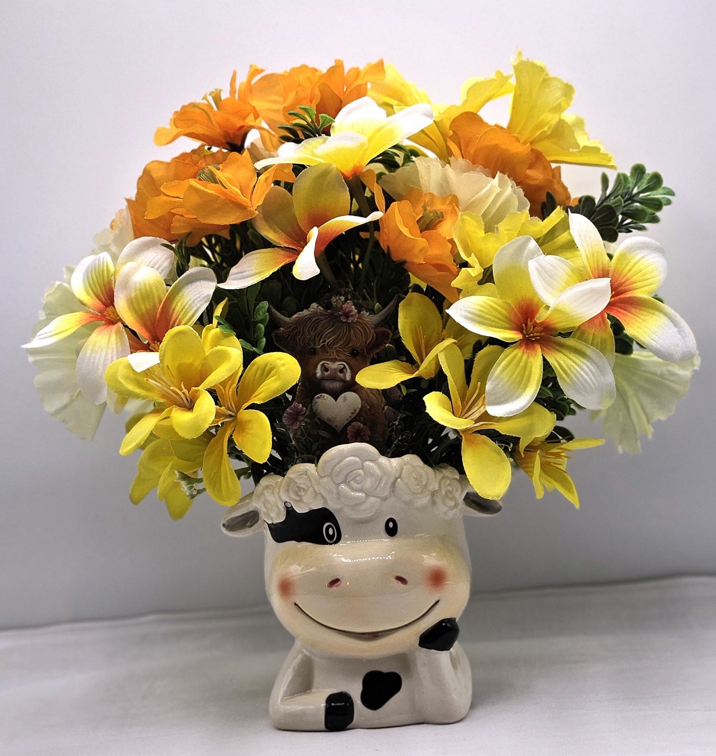 Adorable Cow Ceramic Flower Arranngement, Whimsical Cow Adorned with peach/orange/yellow Lilies/Cosmos/Petunias, Cow Lover Gift, Farmhouse