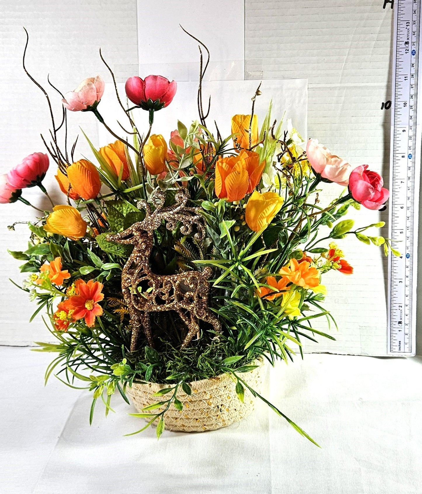 Floral Arrangement with Majestic Deer Amongst Blue/Pink or Orange/Peach Flowers, 2 Deer Options
