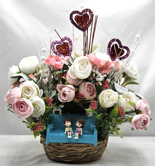 Romantic Couple On Sofa With Puppy And Kitty, Garden Roses, Glittery Hearts, Valentine Gift, I Love You Present