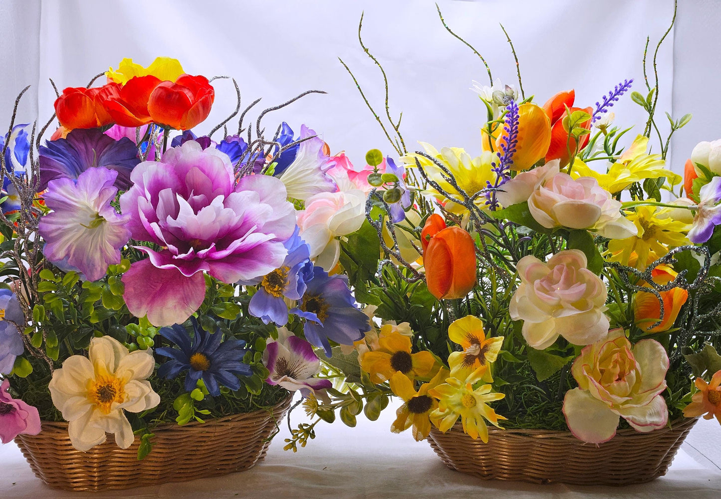 Winter Blues? Welcome Spring Flower Arrangement w/Bright Spring Flowers and Lucky Gnomes, Two Options in Oval Wicker Basket/Great Gift/Decor