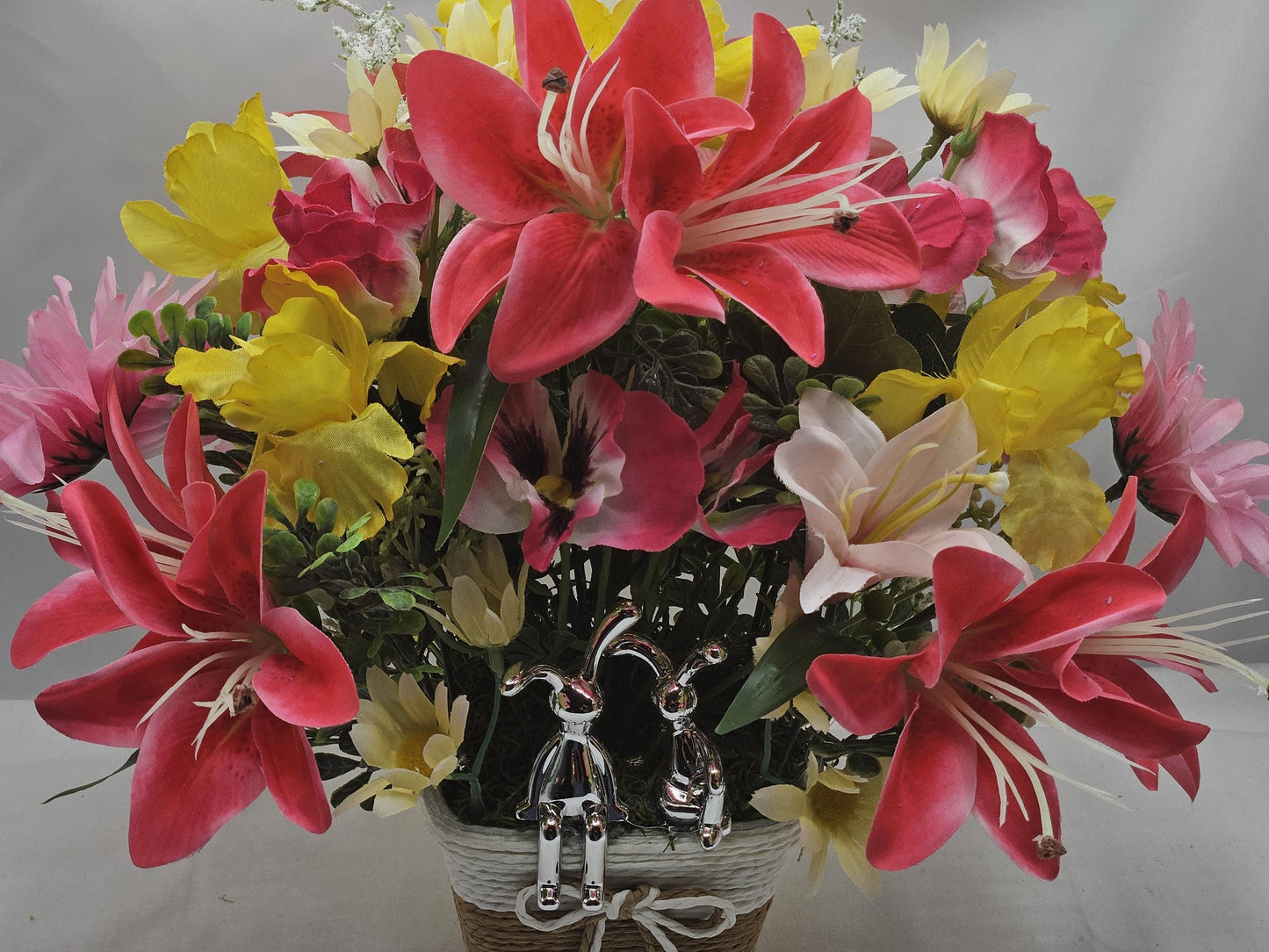 Lilies and Bunnies in a Wicker-Type Basket, 2 Options, Square or Round, Sophisticated Rabbits or Cute Rattan Bunny, Yellow w/Hot Pink/Mauve