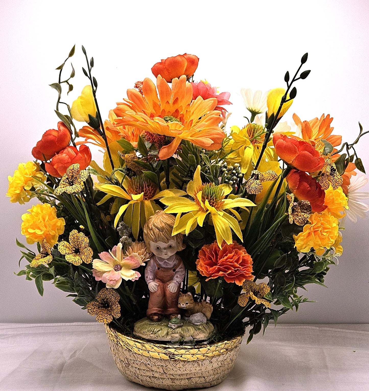 Flower Arrangement Set in Woven Basket, Boy with Cat and Turtle Figurine, Vibrant Yellow/Orange/White Flowers, Home Decor