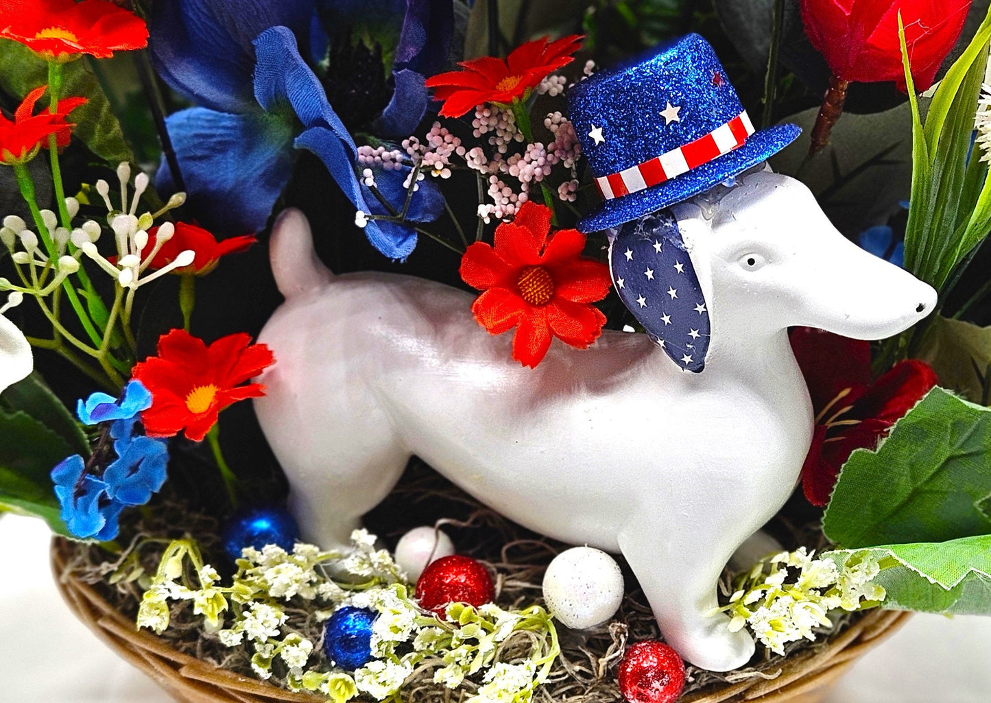 Red White Blue Weiner Dog Flower Arrangement, Patriotic Dachshund Decor, American Hat, God Bless America Gift