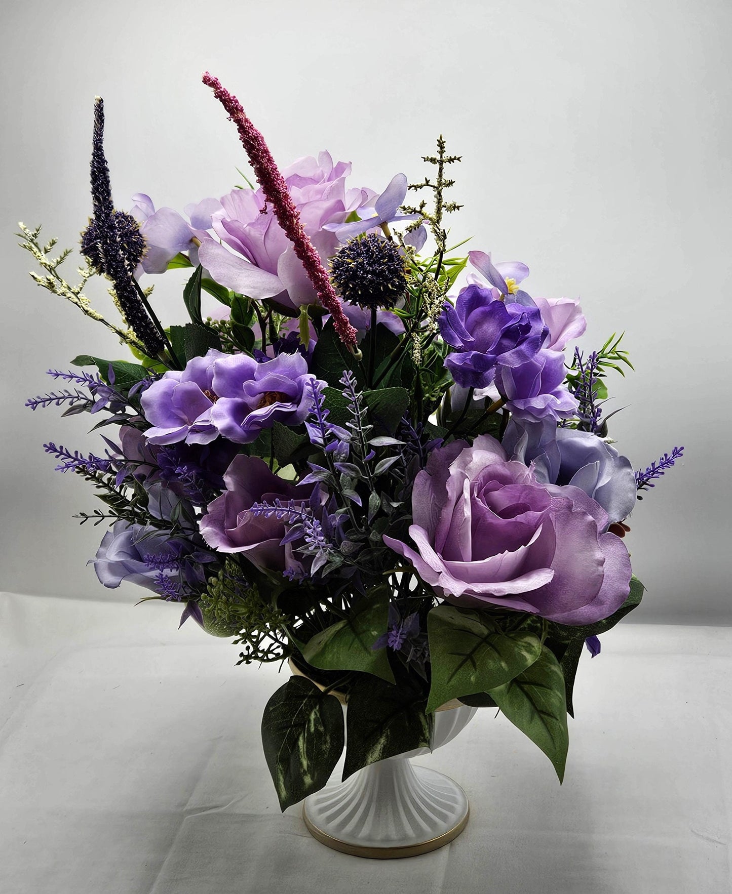 Lilac Rose and Baby's Breath Centerpiece in Footed Dish - Sophisticated Table Accent, Great for Mother's Day or Hostess Gift
