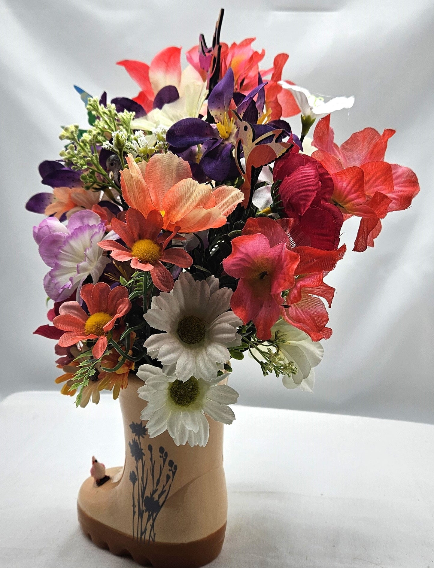 Handcrafted Rain Boot Floral Arrangement with Bird, Two Options, Spring Lover Gift, Mixed Spring Flowers