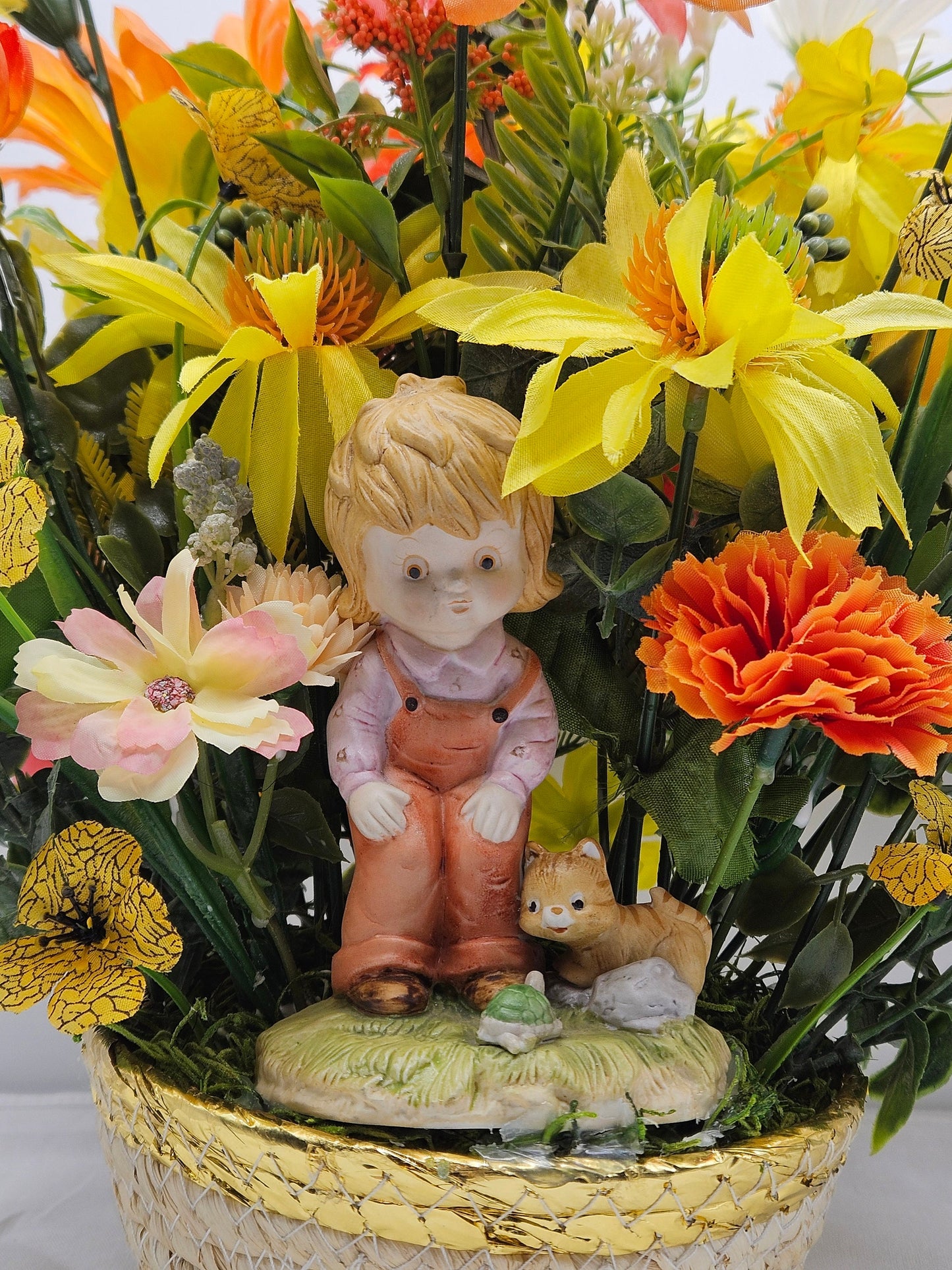 Flower Arrangement Set in Woven Basket, Boy with Cat and Turtle Figurine, Vibrant Yellow/Orange/White Flowers, Home Decor