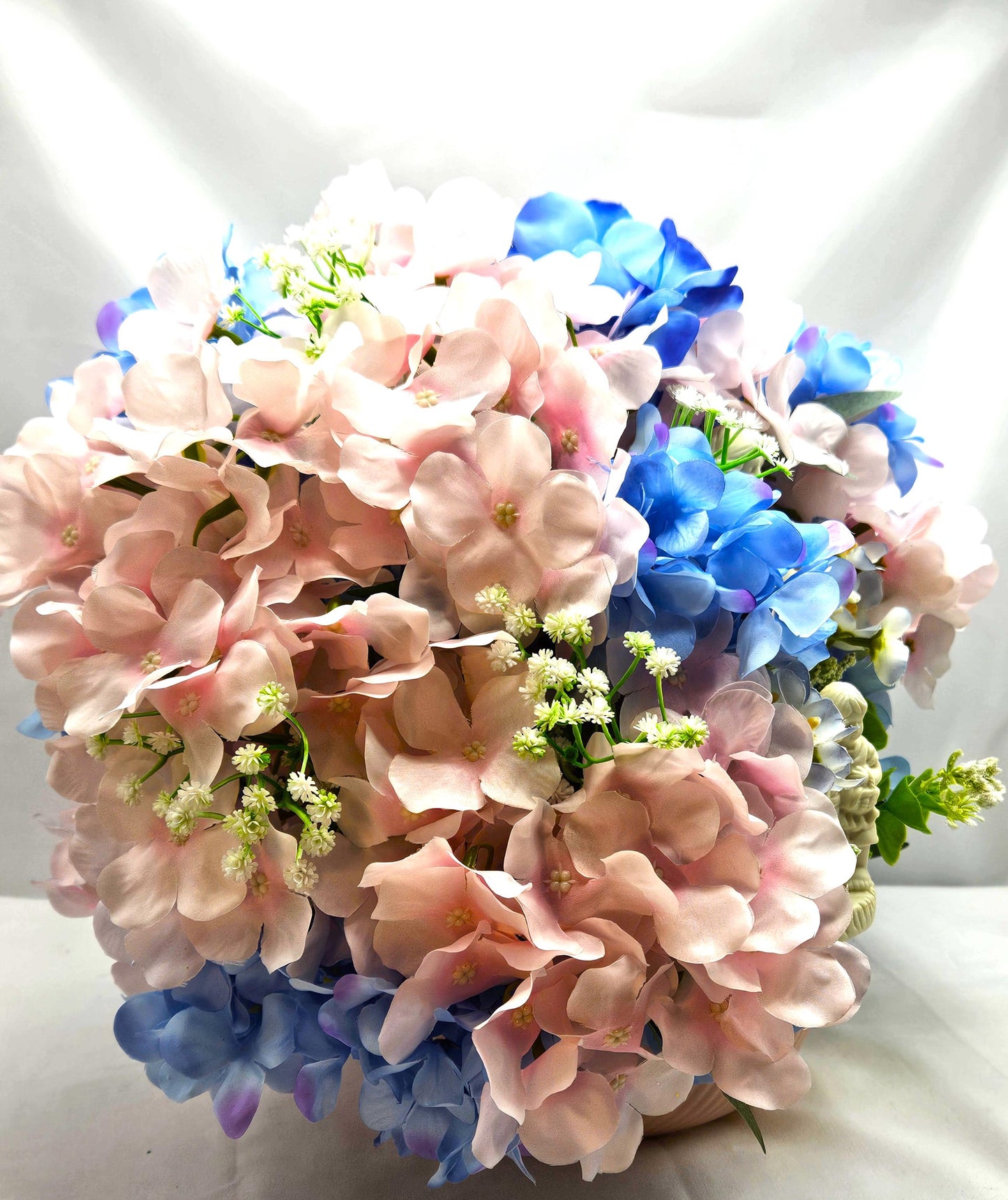 Floral Centerpiece/Guardian Angel With Little Children Amidst A Garden Of Pink And Blue Hydrangea Flowers/Greens/Baby's Breath/Lovely