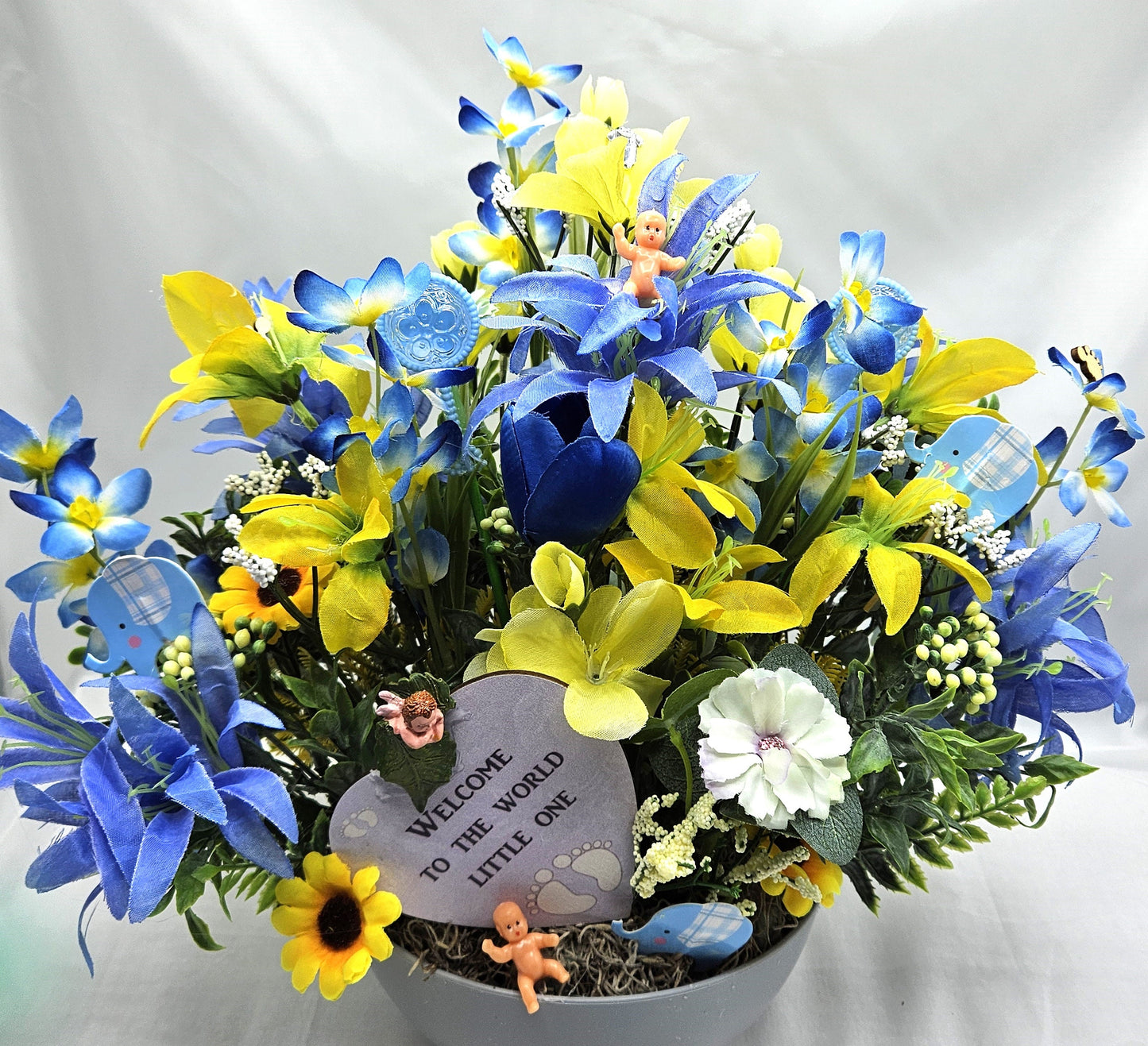 Welcome Baby Flower Arrangement, Boy or Girl Option, Baby Shower Gift/Welcome to the World, Little One, Blue/Yellow or Pink/Yellow
