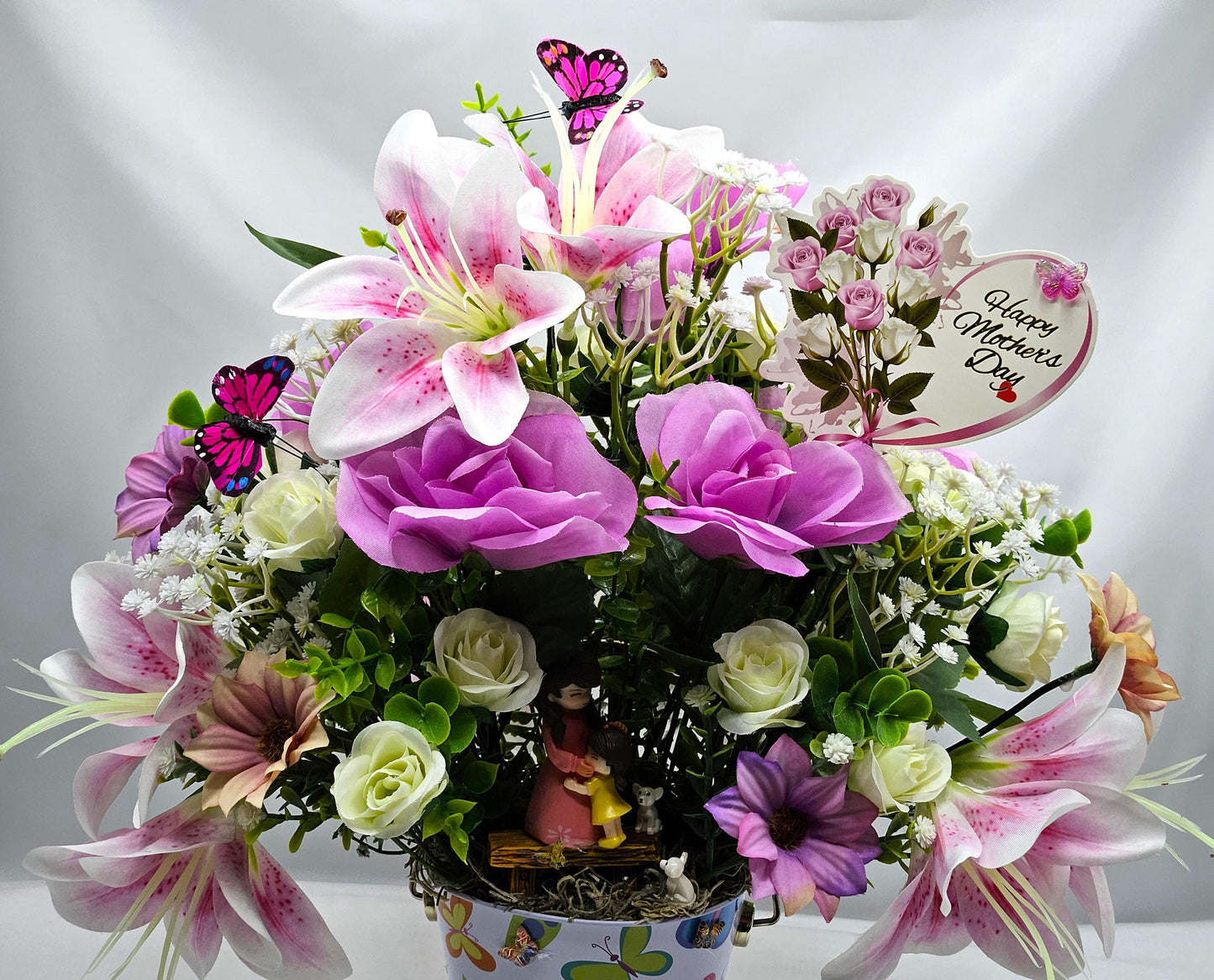 Love To Mom, Happy Mother's Day, I Love You Mom Floral Arrangement/Gift, 2 Options/Mother And Child/ Orange/Yellow Or Pink/Purple Florals
