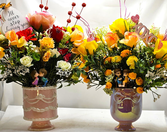 Loving, Heartwarming Love Flower Arrangements in a Footed Ceramic with Sweetheart Couples, 2 Choices, With Hearts/Love Sentiments