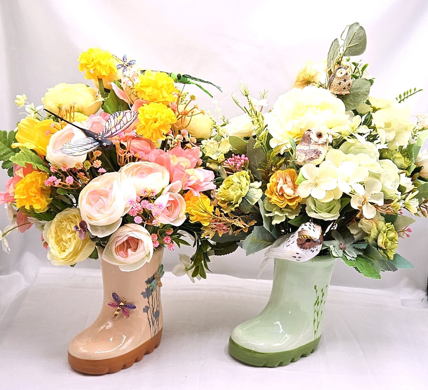 Rainboot Flower Arrangement  Dragon Fly in yellow/peach Colors, Great Gift for Her, Birthday Gift, Great for the DragonFly Lover