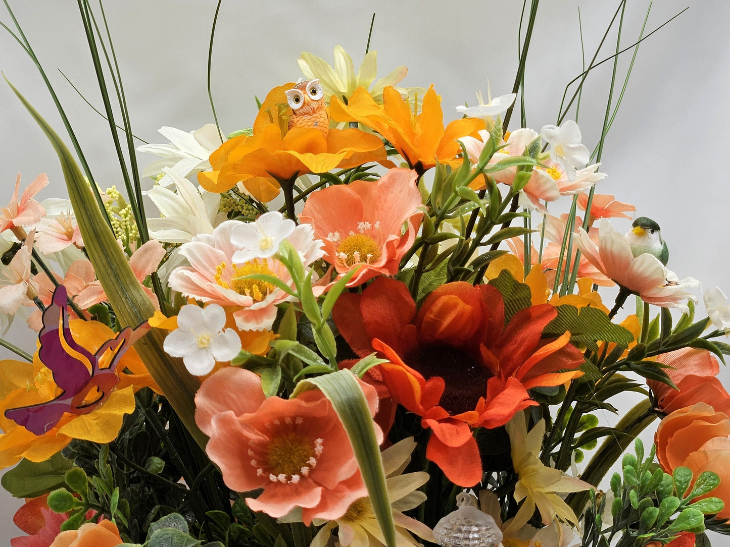 Flower Arrangement featuring a Crystal-Like Lighthouse, Yellow/Peach Wildflowers, Owl/Bird Accents/ Great Tropical Gift or Home Decor